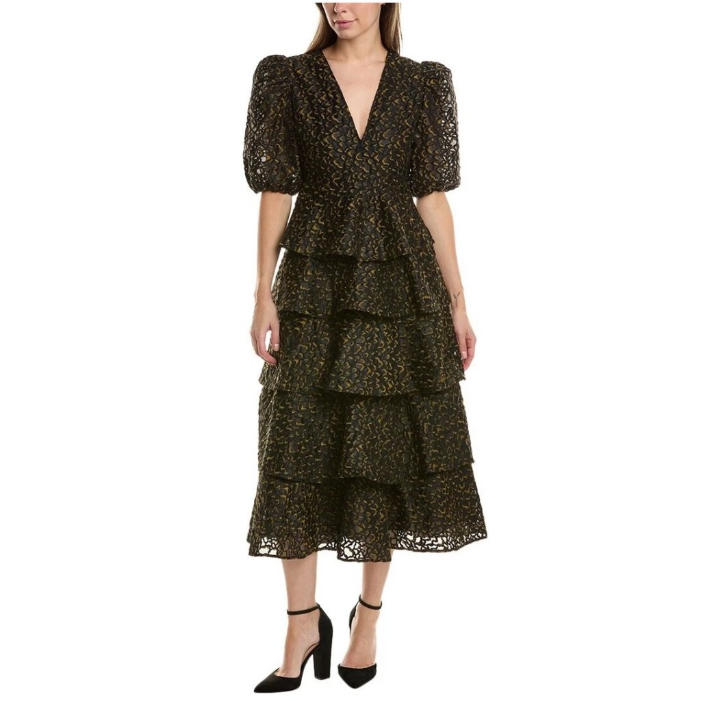 Marie Oliver Women's Everly Ruffled Organza Midi Dress Size 8 Black Jacquard
